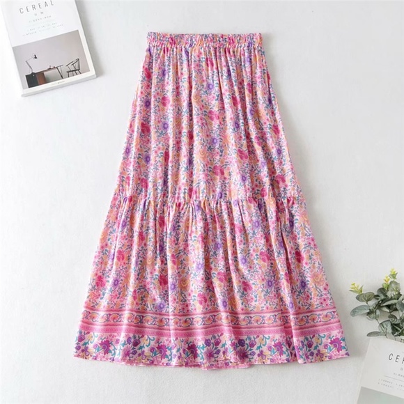 Boho Colorful Pink Floral Print Tassel Maxi Skirt - Picture 7 of 8